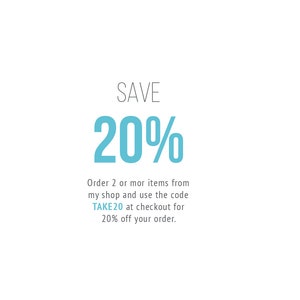 May include: Save 20% off your order when you buy 2 or more items. Use code TAKE20 at checkout.