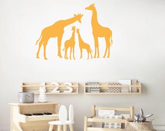 Calcomanía de vinilo para pared con temática de familia de jirafas, calcomanía decorativa de animales de la jungla para habitación de niños, calcomanía de bricolaje fácil de quitar para dormitorio, diseño de silueta de guardería
