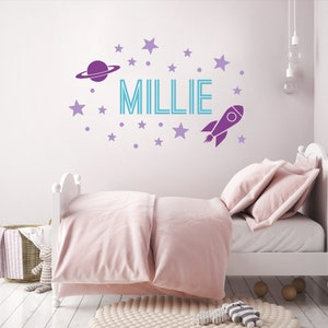 Girls Outer Space Name Decal With Rocket Planet and Stars, Space Decals for Nursery, Rocket decor, Space wall decor, Star stickers