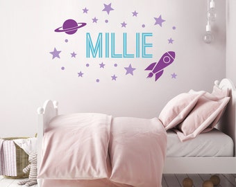 Personalized Girls Outer Space Name Decal, Customized Rocket Planet and Stars Vinyl Decor, Custom Nursery Wall Art Stickers, Easy Removable
