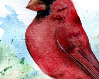 Lámina de acuarela de un cardenal: Obra de arte firmada sobre aves.