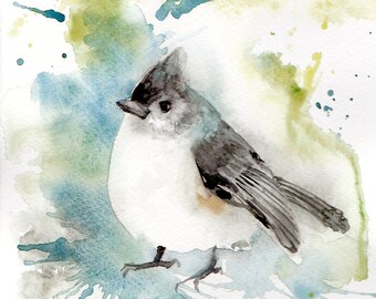 Lámina de acuarela de carbonero copetudo: obra de arte de aves firmada.