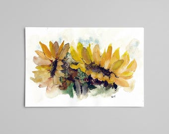 Acuarela original de girasoles, pequeña obra de arte floral (5,5 x 8)