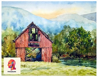 Lámina de acuarela de granero rojo, decoración de casa de campo