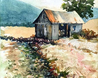 Arte de granja de Virginia: Decoración de paisaje de granero en acuarela de Blue Ridge