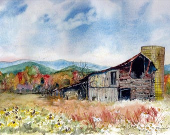 Acuarela original de un granero otoñal en Blue Ridge, firmada.
