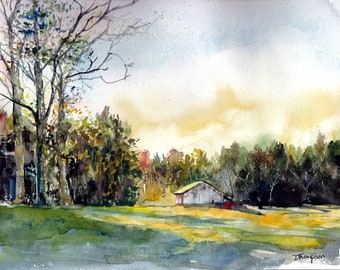 Print Watercolor Barn Painting - Wall Decor - Virginia Morning Landscape