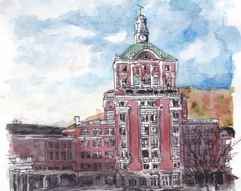 Acuarela original - Omni Homestead - Paisaje de Hot Springs, Virginia