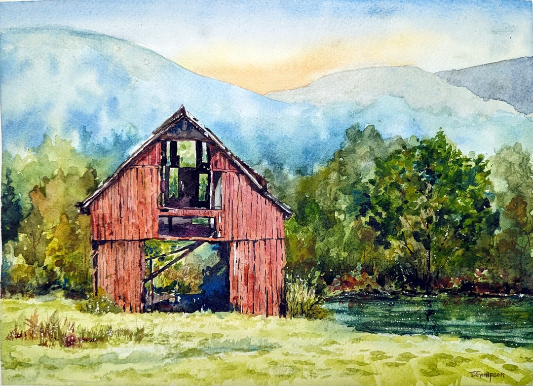 Original Watercolor Old Barn by the Pond Painting Wall Decor Virginia ...