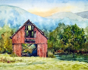Original Watercolor Old Barn by the Pond Painting - Wall Decor - Virginia Landscape