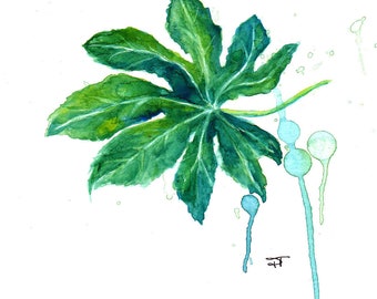 Acuarela de hojas de plantas de papel: arte botánico original (18x23 cm)