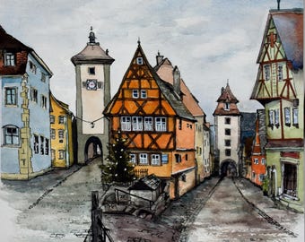 Impresión artística de acuarela navideña de Rothenburg, Alemania: Escena de un pueblo bávaro