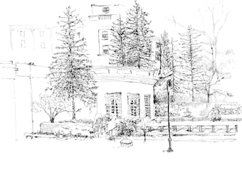 Lámina de acuarela del patio de Greenbrier: Boceto elegante para la decoración de pared de un edificio histórico de Virginia.