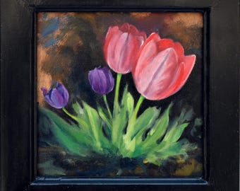 Pintura al óleo de tulipanes rojos, marco hecho a mano, arte floral en lienzo de 8x8