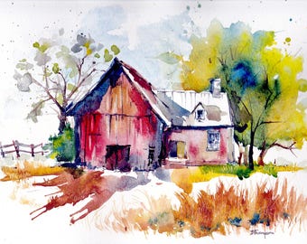 Pintura original de acuarela de granero rojo: arte rústico de granja, 23 x 30 cm