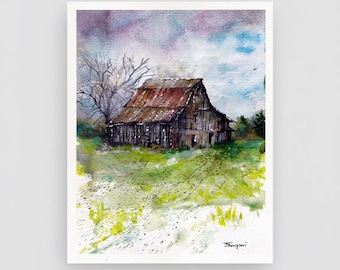 Acuarela original de un granero, arte mural rústico para casa de campo (7,5 x 9,75)