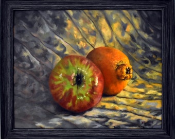 Original Oil Painting - Visual Pun Painting - Orange and Red Apple Painting
