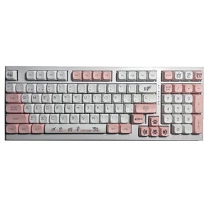 May include: A white and pink mechanical keyboard with a cat-themed design. The keys have various symbols and icons, including paw prints, fish bones, and a cat head. The keyboard has a white frame and pink keycaps.