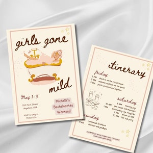 Girls Gone Mild Uitnodiging vrijgezellenfeest en reisschema, verjaardagsroute, reisschema meisjes, Chill Bachelorette Spa, Canva