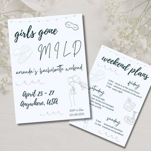 Girls Gone Mild Uitnodiging vrijgezellenfeest en reisschema, verjaardagsroute, reisschema meisjes, Chill Bachelorette Spa, Canva