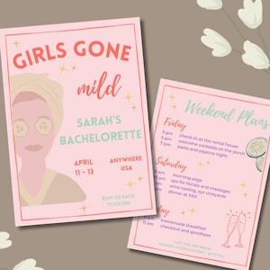 Girls Gone Mild Uitnodiging vrijgezellenfeest en reisschema, verjaardagsroute, reisschema meisjes, Chill Bachelorette Spa, Canva