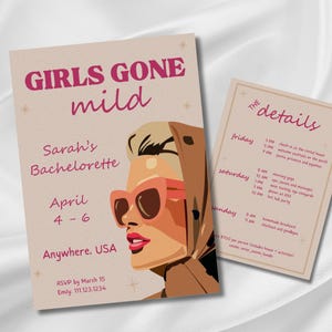 Girls Gone Mild Uitnodiging vrijgezellenfeest en reisschema, verjaardagsroute, reisschema meisjes, Chill Bachelorette Spa, Canva