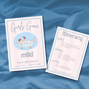 Girls Gone Mild Uitnodiging vrijgezellenfeest en reisschema, verjaardagsroute, reisschema meisjes, Chill Bachelorette Spa, Canva