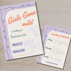 Girls Gone Mild Uitnodiging vrijgezellenfeest en reisschema, verjaardagsroute, reisschema meisjes, Chill Bachelorette Spa, Canva