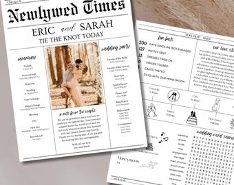 Puede incluir: Un anuncio de boda de estilo periódico en blanco y negro para Eric y Sarah. El anuncio incluye una foto de la pareja, un horario de la ceremonia de boda, una lista de la boda, datos curiosos sobre su relación y una búsqueda de palabras de boda.