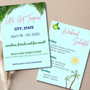 Girls Trip Itinerary | Travel Itinerary Invitation Template | Bachelorette Tropical Beach Getaway Party Vacation Planner Editable Canva PDF