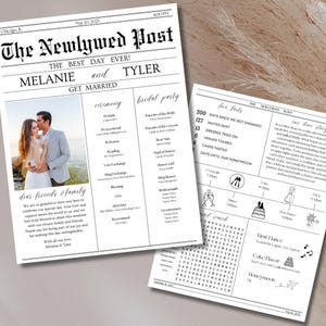 May include: A black and white newspaper style wedding announcement for Melanie and Tyler. The announcement includes a photo of the couple, a ceremony schedule, a bridal party list, and fun facts about their relationship. The newspaper is titled "The Newlywed Post" and the date is May 10, 2025.