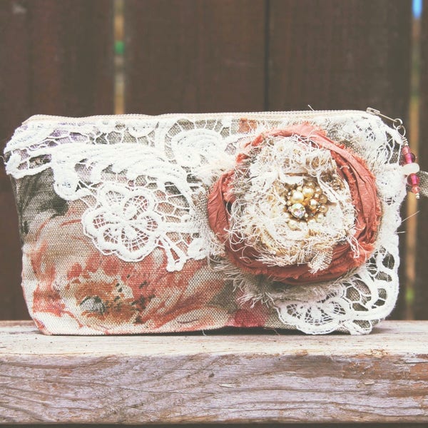 Linen & Lace Bohemian Cowgirl Gypsy Bag . .  Autumn Bloom Keepsake Clutch