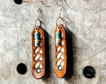 Turquoise and Tooled Leather Boho Earrings, Western Cowgirl Earrings