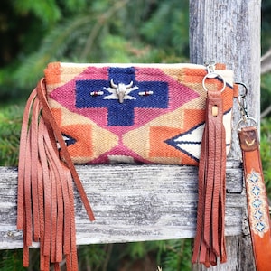 Vintage Woven Textile Cowgirl Western Wristlet Leather Tooled Feather Patch Fringe Bag