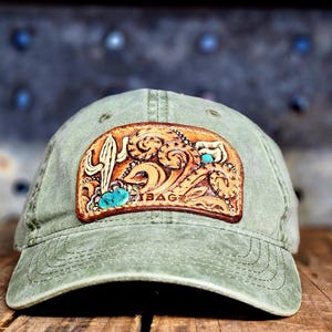 Saguaro Cactus Tooled Leather Patch Western Cowgirl Olive Green Baseball Cap Hat