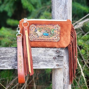 Vintage Woven Textile Cowgirl Western Wristlet Leather Tooled Feather Patch Fringe Bag