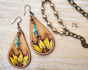 Sunflower Cowgirl Tooled Leather Western Boho genuine Turquoise Bead Earrings / Handtooled Floral Earrings