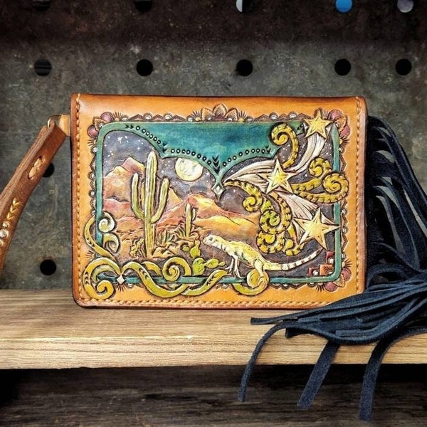 Sonora Desert Night Tooled Leather Fringe Card Holder Snap Wallet with wristlet strap, Full Moon, Cactus