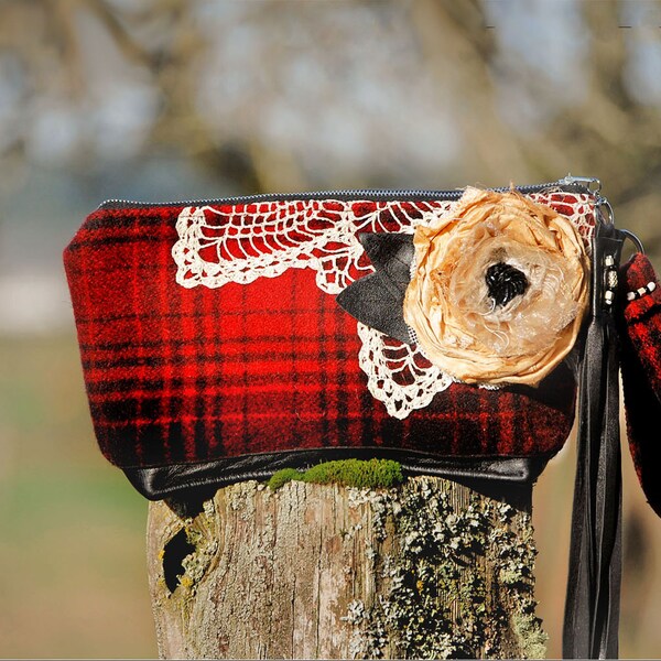 Into the Woods Wristlet Clutch . Repurposed cranberry red black wool tartan plaid camp  leather suede fringe . vintage lace