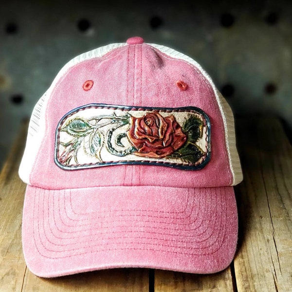 Wild Rose Tooled Leather Patch Baseball Cap / Wildflower flower Snapback Hat