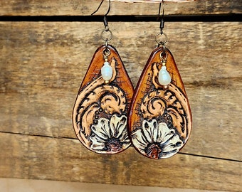 Pearl and Leather Cowgirl SouthWest Tooled Western Boho genuine Earrings / Handtooled Floral Earrings