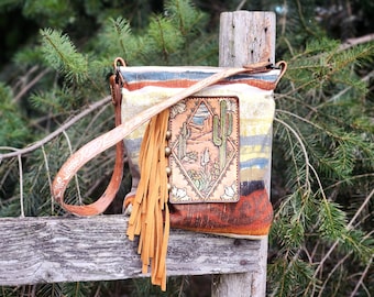 Desert Dreams Tooled Leather Fringe SouthWestern Cowgirl Bag / Suede Linen Soft Fabric Purse