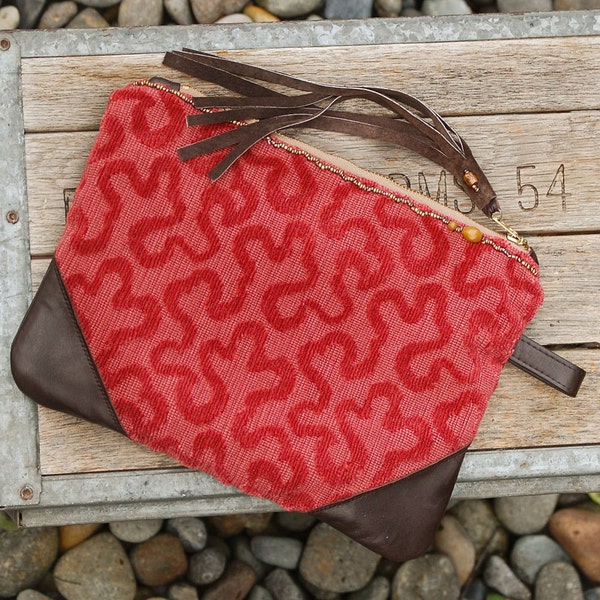 Velvet Grenadine Clutch - Dark Chocolate Cranberry leather fringe scarlet velvet bohemian gypsy Kindle iPad zipper pouch