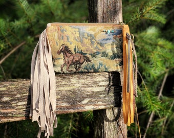 Ride the Wind Mini Keepsake Clutch Bag / Rustic Boho Fringe Tapestry Horse Zipper Pouch / Shabby Chic bride wedding gift