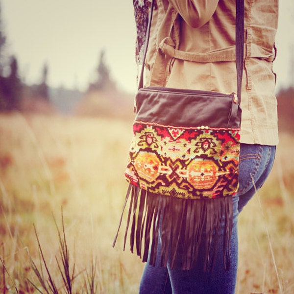 Wayward Wind Bohemian Shoulder Bag .. Repurposed Black Leather fringe Boho Chic Western Cowgirl Rustic Satchel Carpetbag