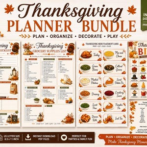 May include: A Thanksgiving planner bundle featuring five printable pages with autumn-themed graphics. The set includes a dinner party checklist, a grocery supplies list, menu placement cards, and a bingo game with a calling list, all in US letter size.