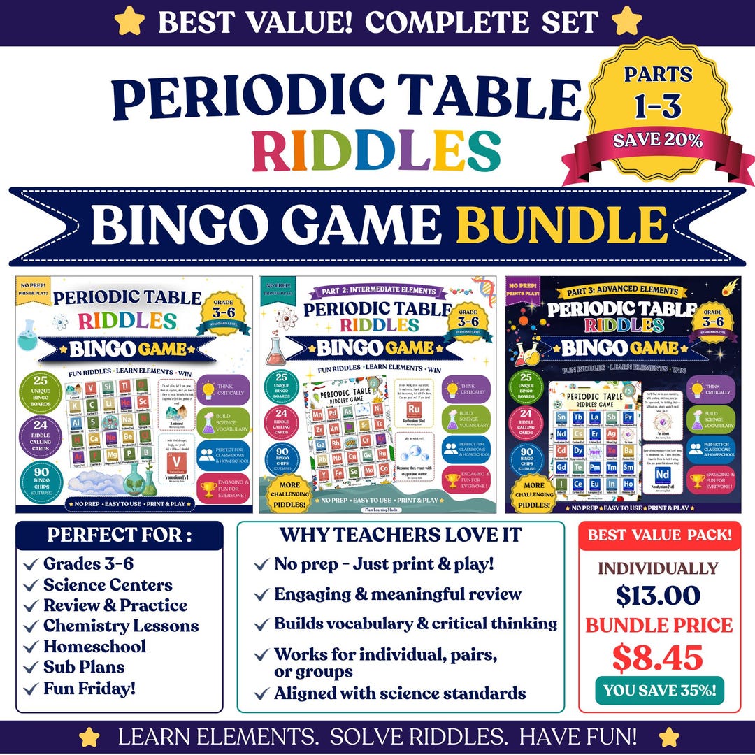 Periodic Table Riddles Bingo Game Bundle | Chemistry Activity | Grades ...