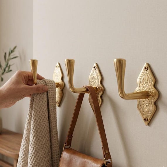 Brass Wall Hook – Solid Unlacquered Brass Coat Hook – Engraved Towel Hook for Bathroom Entryway – Natural Patina
