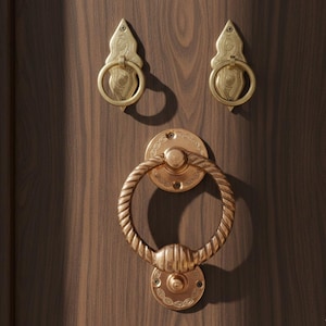 May include: Three brass door knockers and pulls are mounted on a dark wood door. The top two are smaller, with a shield-like backplate and a ring pull. The bottom knocker has a large, rope-like ring pull and a round backplate.