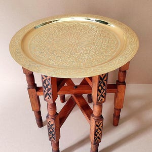 Moroccan Brass Tray Table, Andalusian Brass Tea Table, Hand-Engraved Arabesque Brass & Carved Wooden Folding Table